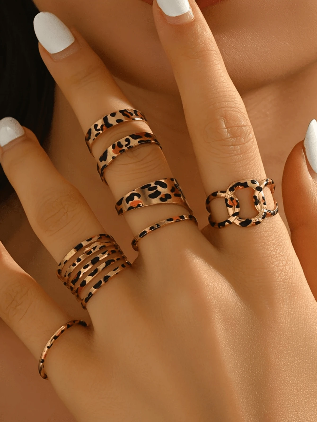 5pcs Fashionable Elegant Vintage Personalized Sexy Line Leopard Print Design Open Ring Set, Suitable For Women's Daily Wear - Multicolor - View 1