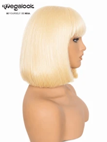 MEGALOOK Silky Straight Short Wig With Bangs 613 Blonde Color 100% Human Hair Wigs Machine-Made Short Bob Wig Glueless Virgin Human Hair Bangs Wig Natural Looking Daily Use - S613 - View 7