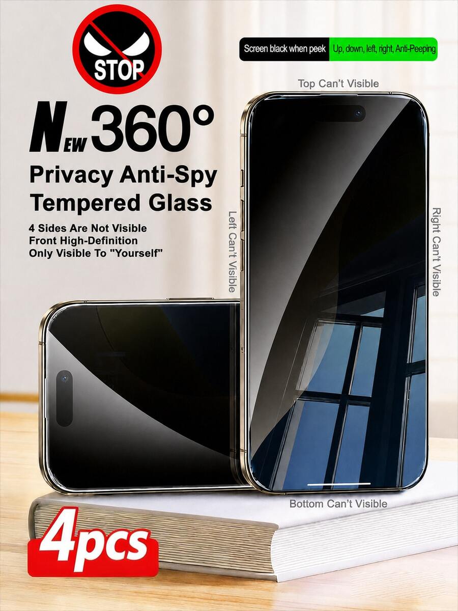 CASECOPS 4 Buah Pelindung Layar Kaca Tempered 360° Empat Sisi Perlindungan Privasi Penuh, Anti-Intip, Anti-Spy, Anti-Sidik Jari, Benar-benar Tidak Terlihat dari Semua Sudut, Kompatibel dengan iPhone 17 Pro Max/17 Air/16E/16 Pro Max/16 Pro/16 Plus/16/15 Pro Max/14 Pro Max/13/12/11/XS Max/XR Plus Series, Hadiah Ulang Tahun, Hadiah untuk Keluarga, Teman