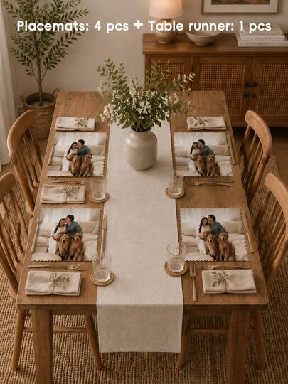 5Pcs Custom Placemats And Table Runner Set, Scallop Edge Solid Color Kitchen Linens, Color Match Modern Farmhouse Table Decor For Party Wedding Daily Dining Gift
