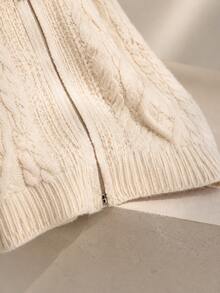 Winter White Cable Knit Zip-Up Cardigan Jacket With Turn-Down Collar And Long Sleeves, Suitable For Christmas And Daily Wear Vacation - White - View 9