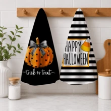 萬聖節廚房抹布套組 (2件裝)，黑色「Trick Or Treat」南瓜條紋餐巾布，乾式洗碗布，農舍風居家裝飾 - 彩色 - 查看 9