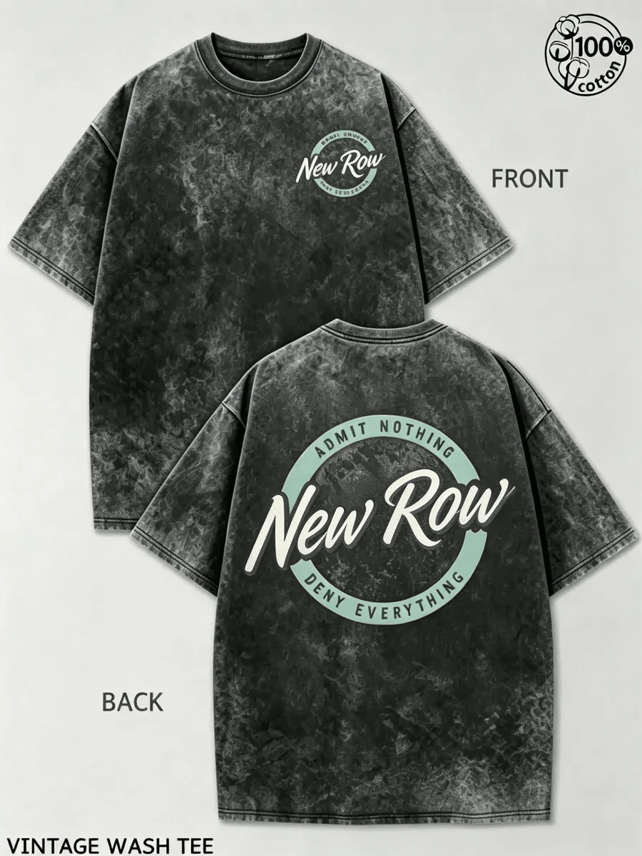 100% Cotton Washed T-Shirt230g Thickened Cotton Old Row Grey And Teal Circle Logo Double-Sided Print Summer Men's Washed T-Shirt, Street Retro Styl - 黑色 - 查看 1