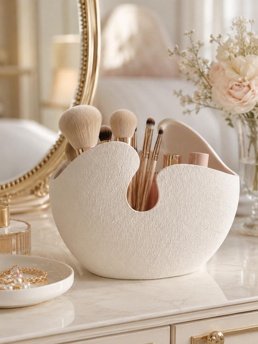 Sculptural Cosmetic Organizer Cup, Single Minimalist Makeup Brush Holder With Textured Finish, Contemporary Dresser And Bathroom Counter Storage For Beauty Tools And Cosmetics - Multicolor - View 1