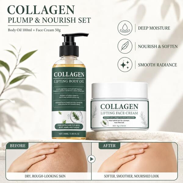 Set Perawatan Elastisitas Tubuh Lengkap Kolagen (Minyak Tubuh 100ml + Krim Wajah 50g), Mengandung Kolagen, Squalane, Asam Hialuronat, Minyak Almond Manis, dan Shea Butter, untuk Hidrasi, Melembapkan, Menutrisi Kulit Kering, dan Meningkatkan Kelembutan Kulit, Cocok untuk Pria dan Wanita