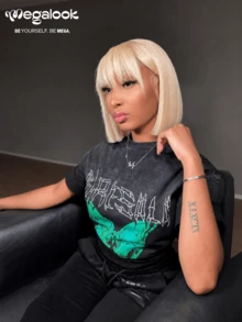 MEGALOOK Silky Straight Short Wig With Bangs 613 Blonde Color 100% Human Hair Wigs Machine-Made Short Bob Wig Glueless Virgin Human Hair Bangs Wig Natural Looking Daily Use - S613 - View 6