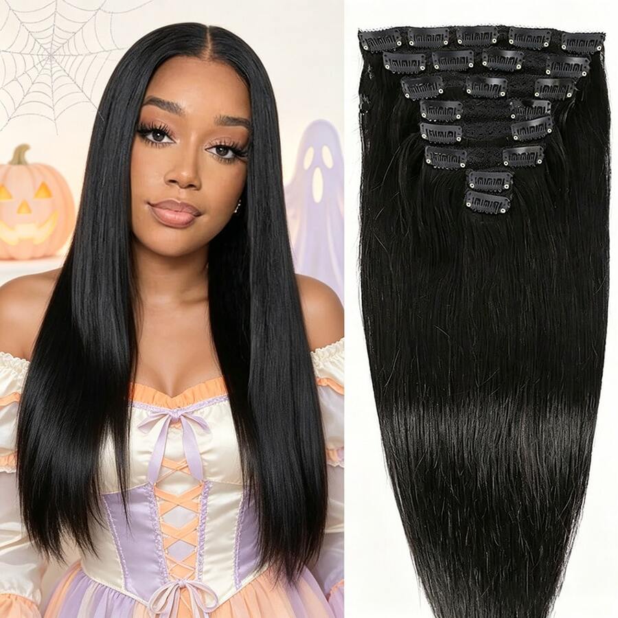 BINF Straight Clip In Extension Human Hair Straight Clip Ins Full Head For Women Brazilian Remy Human Hair Natural Color 8Pcs 8-62 Inch