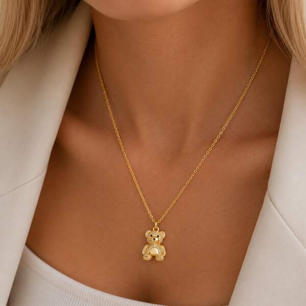 1pc Minimalist Fashion Bear Pendant Gold Stainless Steel Chain Necklace For Women
