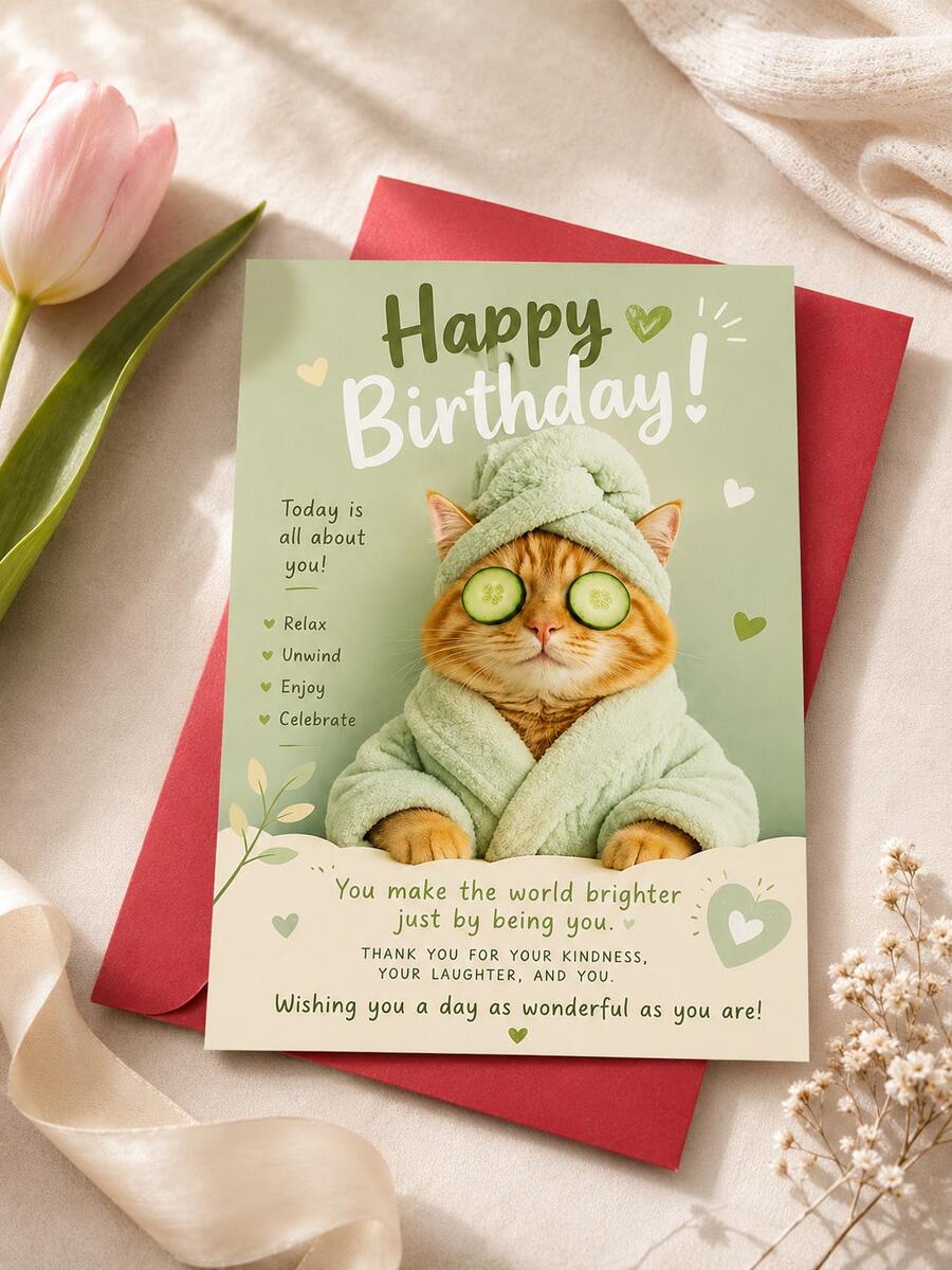 1張趣味貓咪生日卡附信封,可愛水療貓生日卡,幽默貓咪賀卡,內頁空白,適合女性、朋友、家人與同事的生日禮物,生日派對、居家慶祝、辦公室生日,貼心的生日禮物 - B款 - 查看 1