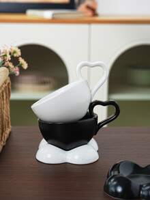 1pc Heart Handle Ceramic Coffee Cup With Flower Saucer 160ml(5.41 Fl Oz), Irregular Slant Latte Mug, Aesthetic Porcelain Tea Cup, Household Tableware For Daily Use & Friends Gathering - Multicolor - View 11
