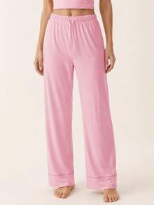 Sodalemon Pink Drawstring Vacation Daily Wear Casual Style Ladies Trousers, Lightweight Comfortable Long Pants For Spring/Summer Straight Leg Pajama Bottoms - Pink - View 1