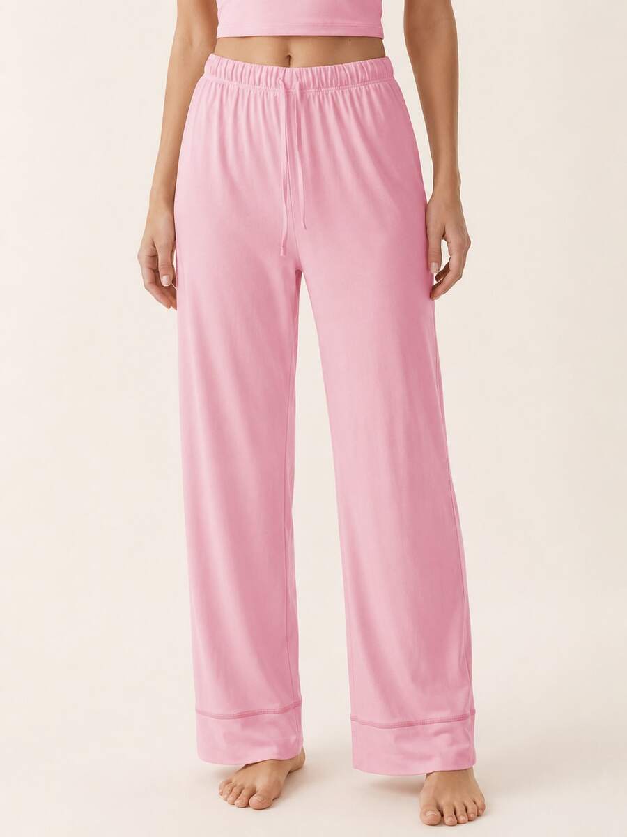 Sodalemon Pink Drawstring Vacation Daily Wear Casual Style Ladies Trousers, Lightweight Comfortable Long Pants For Spring/Summer Straight Leg Pajama Bottoms - Pink - View 1