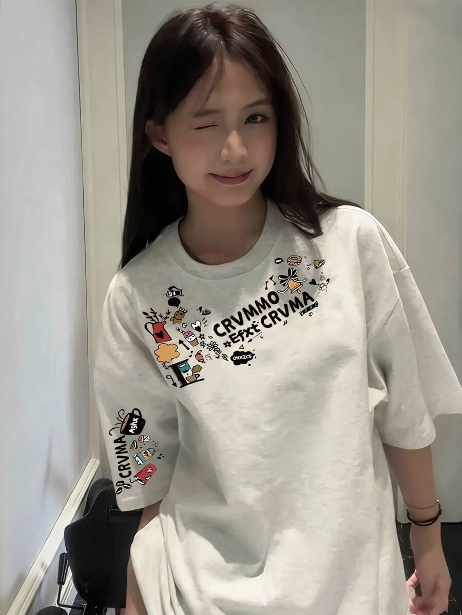 女款寬鬆圓領短袖塗鴉字母與卡通印花T恤,春夏休閒款 - 淺花灰 - 查看 1