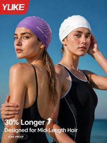 Yuke 1pc Marine Life Wave Line Print Silicone Swim Cap, High Stretch Waterproof Ear Protection Anti-Slip Bathing Cap, Comfort Swimming Hat For Women Medium & Long Hair Pool Beach Gym Workout - Multicolor - View 3
