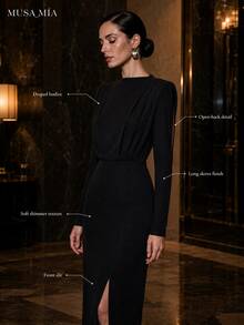 Black Elegant Long Sleeve Maxi Dress Women High Neck Ruched Evening Gown Minimalist Luxury Party Dress - Black - View 11