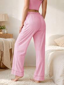 Sodalemon Pink Drawstring Vacation Daily Wear Casual Style Ladies Trousers, Lightweight Comfortable Long Pants For Spring/Summer Straight Leg Pajama Bottoms - Pink - View 2