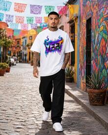 Camiseta blanca oversize, diseño graffiti "YEET" psicodélico, algodón suave, unisex estilo callejero juvenil, 1 unidad - Blanco - Ver 4