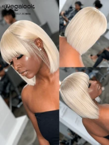 MEGALOOK Silky Straight Short Wig With Bangs 613 Blonde Color 100% Human Hair Wigs Machine-Made Short Bob Wig Glueless Virgin Human Hair Bangs Wig Natural Looking Daily Use - S613 - View 3