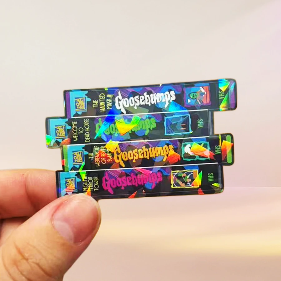 Stiker Horor Gaya 90-an - Stiker Halloween, Tumpukan VHS, Menara, Topeng, Manusia Serigala, Rawa, Rumah Hantu - MultiWarna - View 1