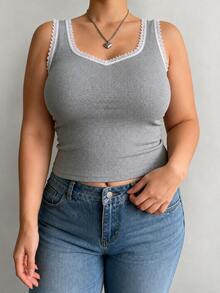 Plus Size Women Ribbed Knit Camisole, Lace Trim Decor, Slim Fit Layering Or Outerwear - Grey - View 2