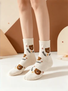 1/5 Pairs Women's Mid-Calf Socks, Teddy Bear Pattern, Cute Style, Suitable For Daily Wear, Travel And School - Multicolor - View 6