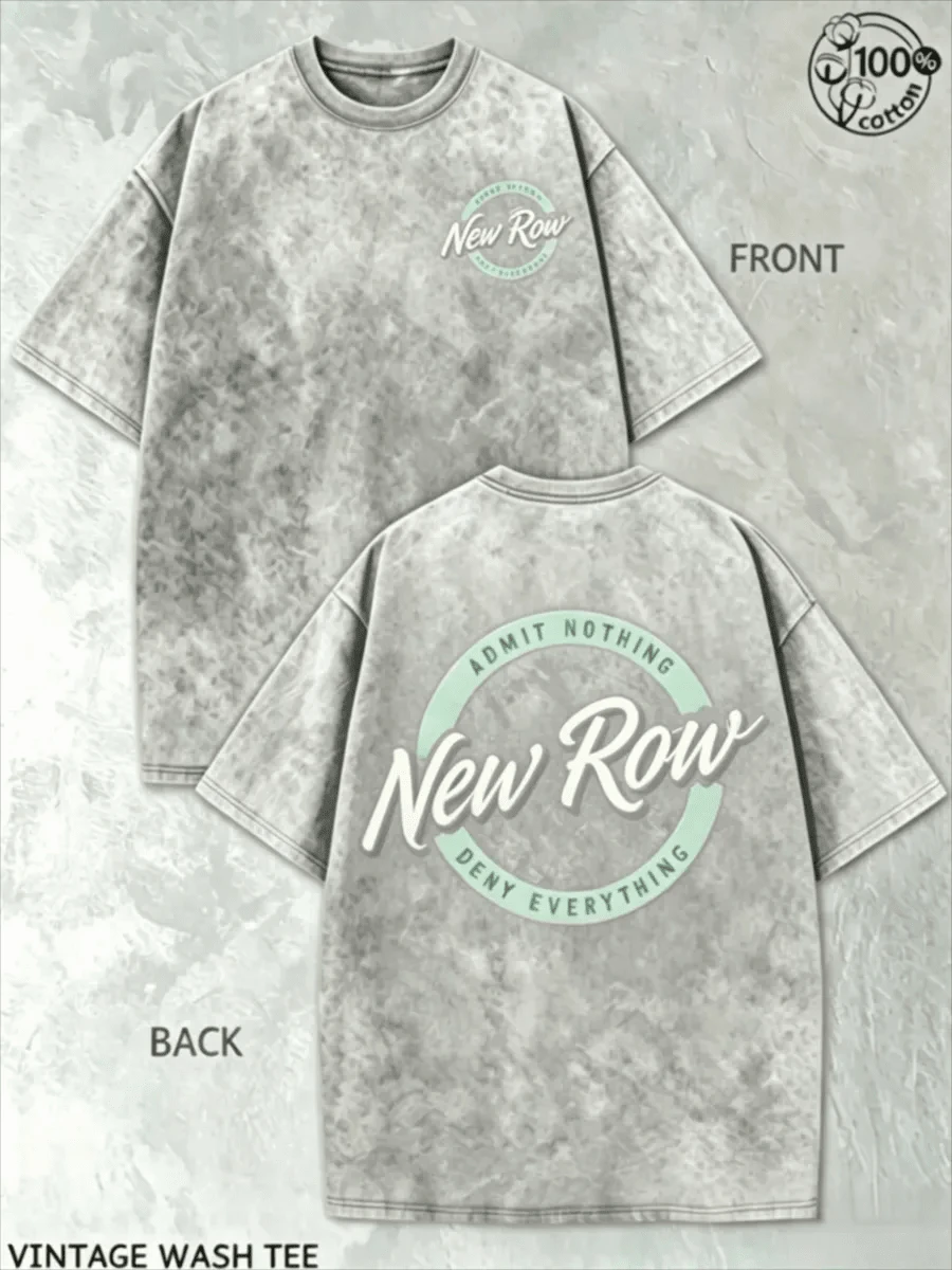 100% Cotton Washed T-Shirt230g Thickened Cotton Old Row Grey And Teal Circle Logo Double-Sided Print Summer Men's  Washed T-Shirt, Street Retro Styl - 灰色 - 查看 1