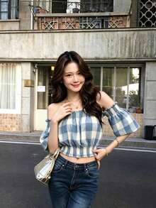 YCYC 女款露肩格紋上衣，性感露鎖骨韓式法式風短袖上衣，夏季穿搭 - 藍色 - 查看 2