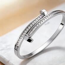 1pc Minimalist Luxury Gold-Plated Stainless Steel Bracelet, Double Row Square Rhinestone Buckle Decor, Fade-Resistant Women's Bracelet, Suitable For Daily Wear And Holiday Gift - Gold - View 7