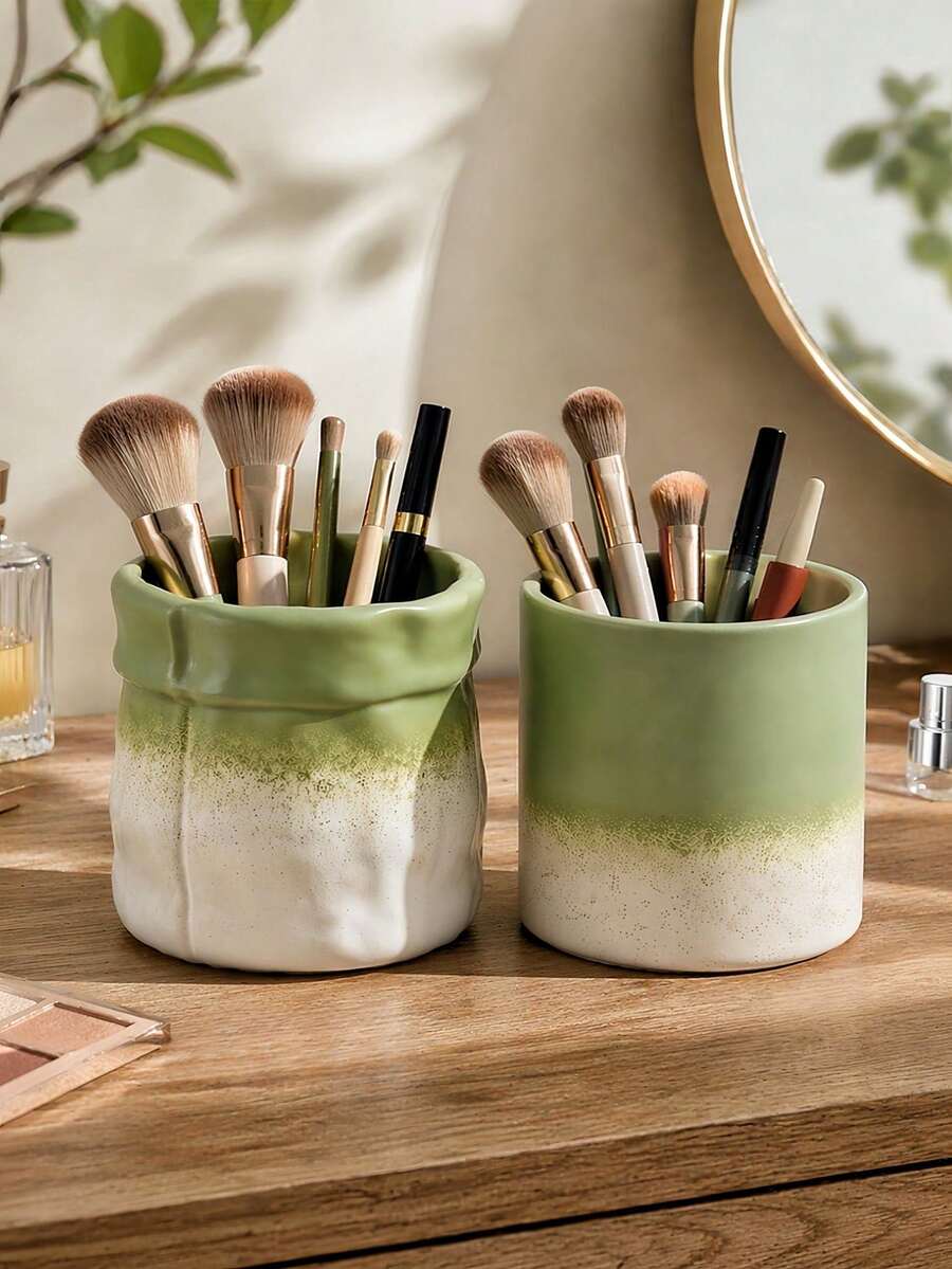 1pc Gradient Green Makeup Storage Box, Makeup Brush Holder, Suitable For Bathroom Decor, Vanity And Countertop - Gradient Straight Leg - View 1