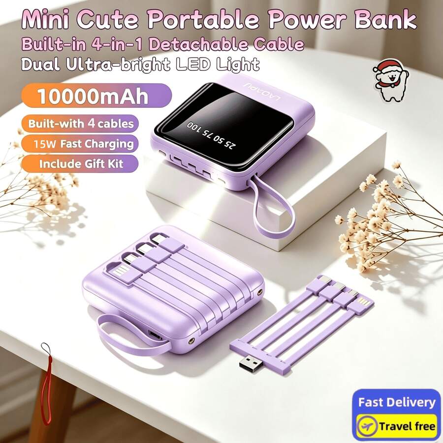 LADAPU Mini banco de energía portátil de bolsillo de 10000 mAh, carga rápida de 5 V2 A, tamaño pequeño, gran capacidad, apariencia elegante, 4 en 1 integrado (cables desmontables), batería recargable de alta velocidad, entrada USB-C y micro USB. - Morado - Ver 1