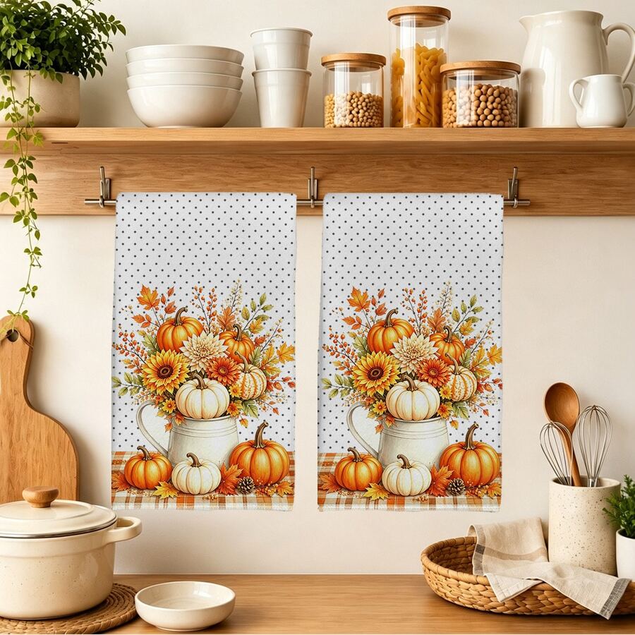 2件組 Hello Autumn 系列印花廚房抹布,水彩風 40*60cm 長方形超細纖維廚房巾,洗碗布、桌巾、手巾,廚房裝飾、居家裝飾,鄰居喬遷禮物,廚房餐巾與洗碗布,家居裝飾禮品 - 白色 - 查看 1