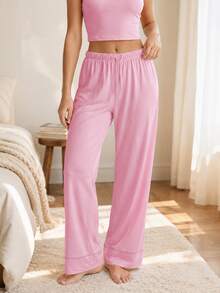 Sodalemon Pink Drawstring Vacation Daily Wear Casual Style Ladies Trousers, Lightweight Comfortable Long Pants For Spring/Summer Straight Leg Pajama Bottoms - Pink - View 5