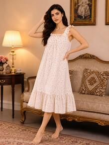 Gaun Tidur Camisole dengan Hiasan Rumbai Bunga dan Pita - Aprikot - View 4
