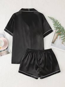 2pcs Satin Pajama Set, Short Sleeve Lapel Top & Shorts, Solid Color Pajama Set For Women, Spring/Summer Casual Sleepwear Loungewear - Black - View 2