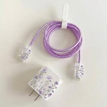 5pcs Soft Lavender Floral Data Cable Protectors, Transparent Soft Shell Anti-Drop Wear-Resistant Anti-Bend, Compatible With Apple 18W/20W Fast Charging, Ins French Floral Healing Digital Accessories, Great Gift - Pale Purple Flowers - View 3
