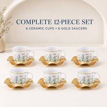 12-Piece Vintage Floral Ceramic Cup Set, 6 Floral Print Porcelain Mugs With 6 Gold Wavy Metal Cup Holders, Elegant Gold-Rimmed Tea Cups Coffee Cups, Afternoon Tea Table Decor Service Set, Suitable For 6 People - White - View 5