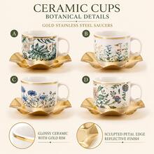 12-Piece Vintage Floral Ceramic Cup Set, 6 Floral Print Porcelain Mugs With 6 Gold Wavy Metal Cup Holders, Elegant Gold-Rimmed Tea Cups Coffee Cups, Afternoon Tea Table Decor Service Set, Suitable For 6 People - White - View 6