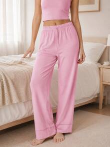 Sodalemon Pink Drawstring Vacation Daily Wear Casual Style Ladies Trousers, Lightweight Comfortable Long Pants For Spring/Summer Straight Leg Pajama Bottoms - Pink - View 6