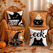 4pcs Halloween Cute Black Cat & Ghost Pattern Pillow Covers, Single-Sided Printed Skin-Friendly Peach Skin Velvet Material, 45*45CM Throw Pillow Covers Suitable For Room Decor, Indoor Sofa Living Room Decor, Party Decoration, Decorative Pillow Covers Gift - Multicolor - View 1