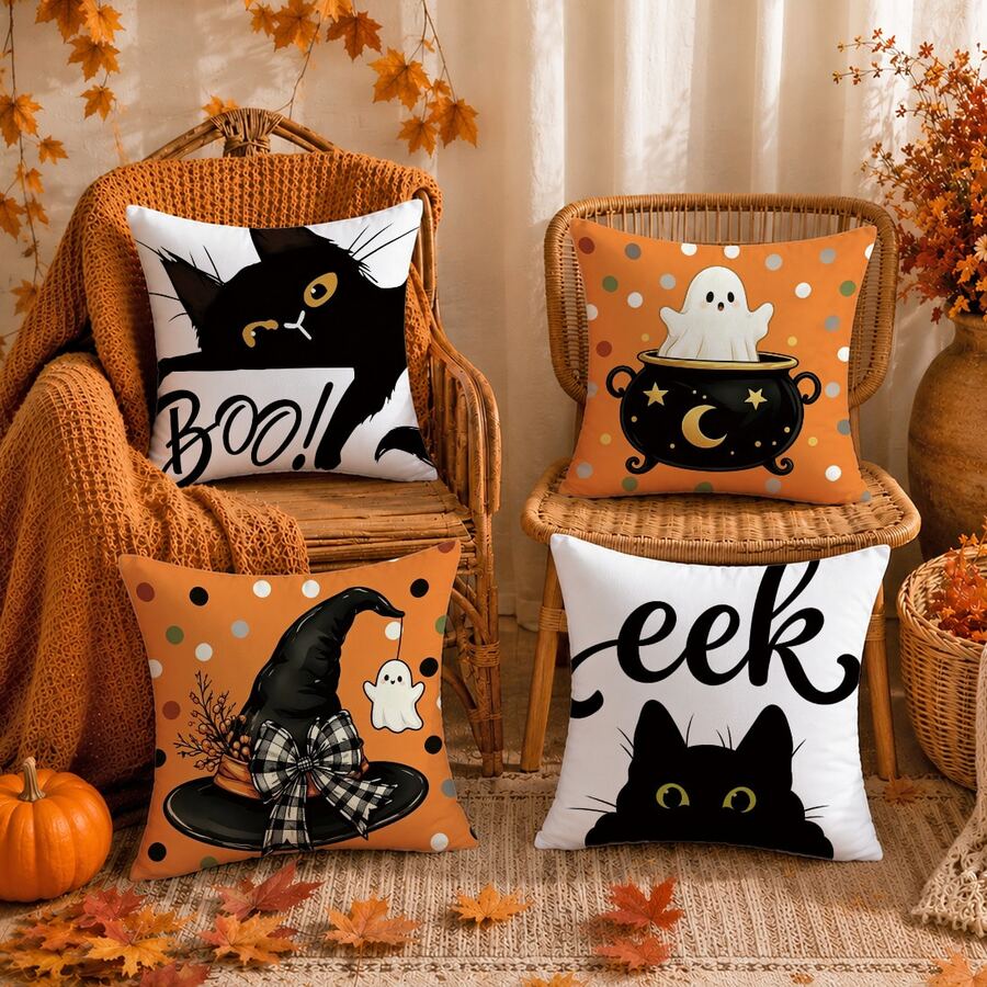 4pcs Halloween Cute Black Cat & Ghost Pattern Pillow Covers, Single-Sided Printed Skin-Friendly Peach Skin Velvet Material, 45*45CM Throw Pillow Covers Suitable For Room Decor, Indoor Sofa Living Room Decor, Party Decoration, Decorative Pillow Covers Gift - Multicolor - View 1
