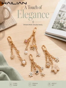 HAILIAN Multi-Style Sakura Floral Chain Bag Charm Set, Rhinestone Pearl Enamel Flower Keychain Pendant For Purse Decor & Friendship Gift - White - View 1