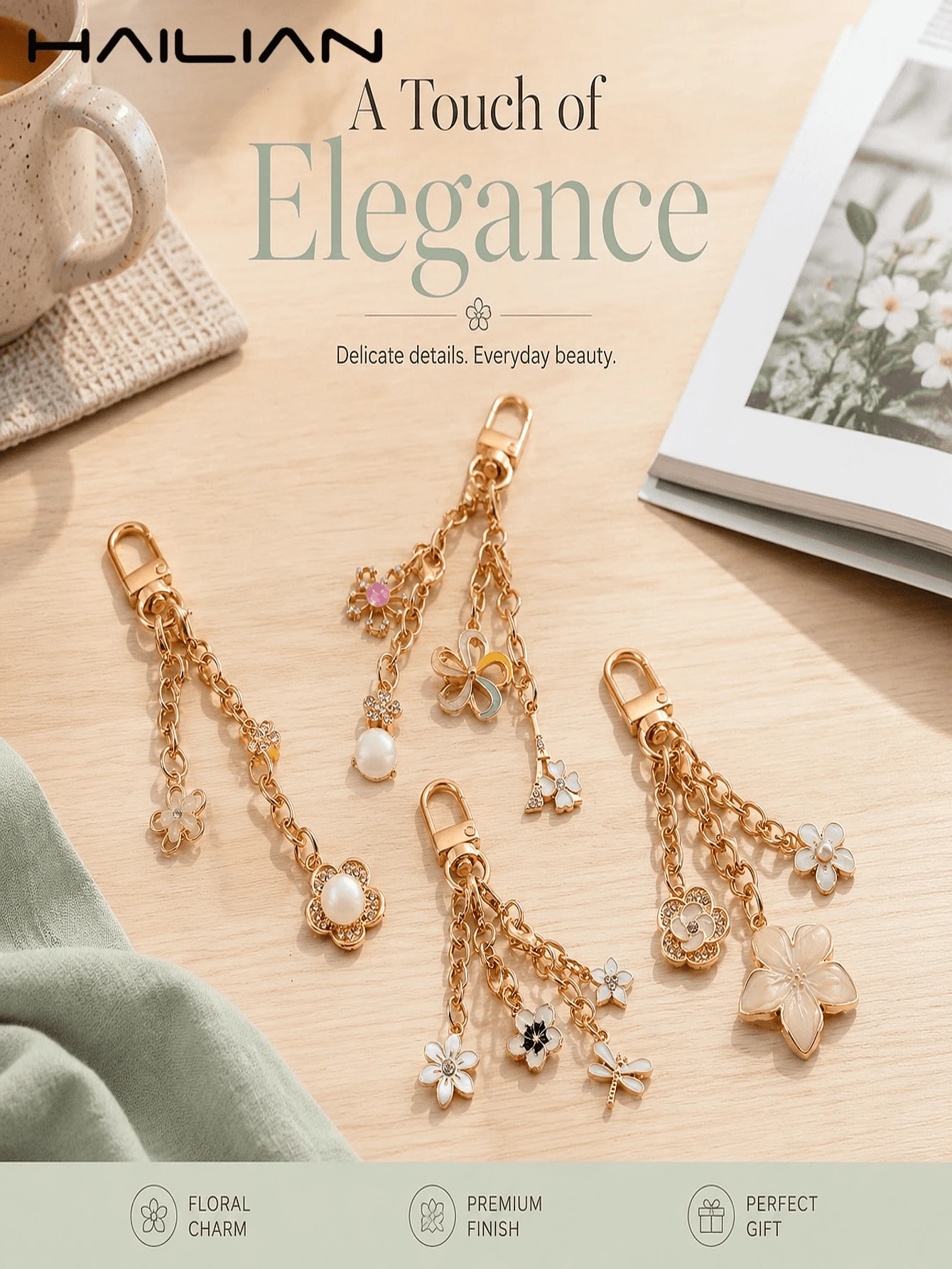 HAILIAN Multi-Style Sakura Floral Chain Bag Charm Set, Rhinestone Pearl Enamel Flower Keychain Pendant For Purse Decor & Friendship Gift - White - View 1