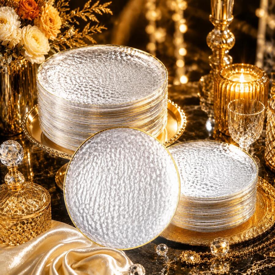 1/10/25/50 European Style Gold Rim White Plate Banquet Display, Exquisite Gold Rim Decorated Dinner Plate, Party Table Setting Decor, Wedding Banquet Tabletop Decoration, Home Gathering Western Dessert Plate, Hotel Club Atmosphere Tableware, Birthday Holiday Tabletop Decoration, Minimalist Premium Table Props, Decorative Plate Suitable For Multiple Occasions - Transparent - View 1
