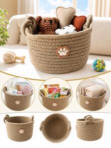 1PC Khaki Cotton Rope Storage Basket, Cute Bear Pattern Woven Storage Basket, Decorative Storage Bin For Desktop, Shelf, Bedroom, Wardrobe, Living Room - Multicolor - View 10