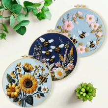 1pc 15*15cm/5.9*5.9in-20*20cm/7.9*7.9in Flower & Bee Embroidery Kit, Adult Beginner DIY Handmade Embroidery Set, Home Decor Gift, Women's Sewing Gift, Includes User Manual, Printed Pattern Fabric, Embroidery Hoop, Needle & Thread - A - View 10