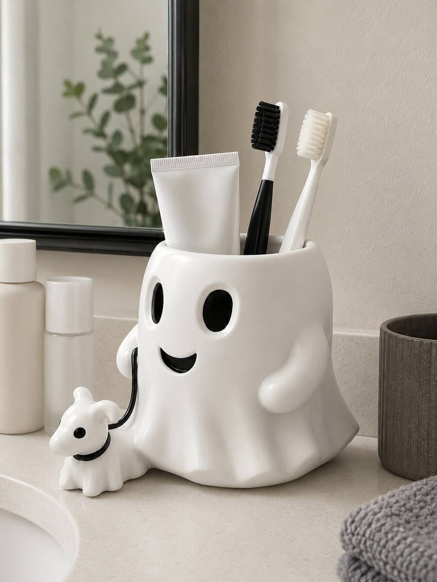 Kawaii Ghost Bathroom Toothbrush Holder, Single Spooky-Cute Countertop Storage Cup For Toothbrushes, Toothpaste, Makeup Brushes And Small Toiletries, Fun Halloween Home Decor - Multicolor - View 1
