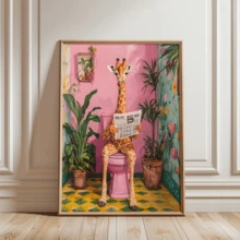 1pc Modern Canvas Wall Art Decor, Animal Poster, Fun Animal Theme, Cute Giraffe Reading Newspaper In Bathroom, Bathroom/Toilet Decor, Framed Or Unframed, Bathroom Wall Decor Gift - A - View 2