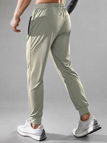 Men's Ice Silk High Elasticity Drawstring Sports Pants, Reflective Print, Suitable For Fitness, Running, Sports Or Casual Wear - Khaki - View 4
