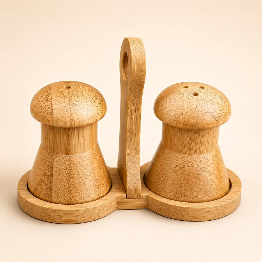 Kit Saleiro e Pimenteiro de Mesa em Bambu – Porta Temperos Moderno Elegante para Cozinha Bancada Farmhouse Mesa Posta