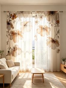 2pcs Light Style Light Color Floral Transparent Curtains - With Rod Pocket Design, Provides Privacy And Easy Installation, Perfect For Living Room And Bedroom Decor, Machine Washable, All Season Use, Multi-Functional Transparent Curtains, 90gsm - Multicolor - View 1